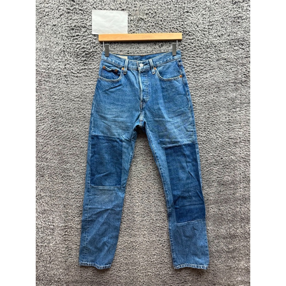 Levis 501 Patchwork Straight Leg Denim Jeans Dark Wash Blue Womens Size 25 x 30